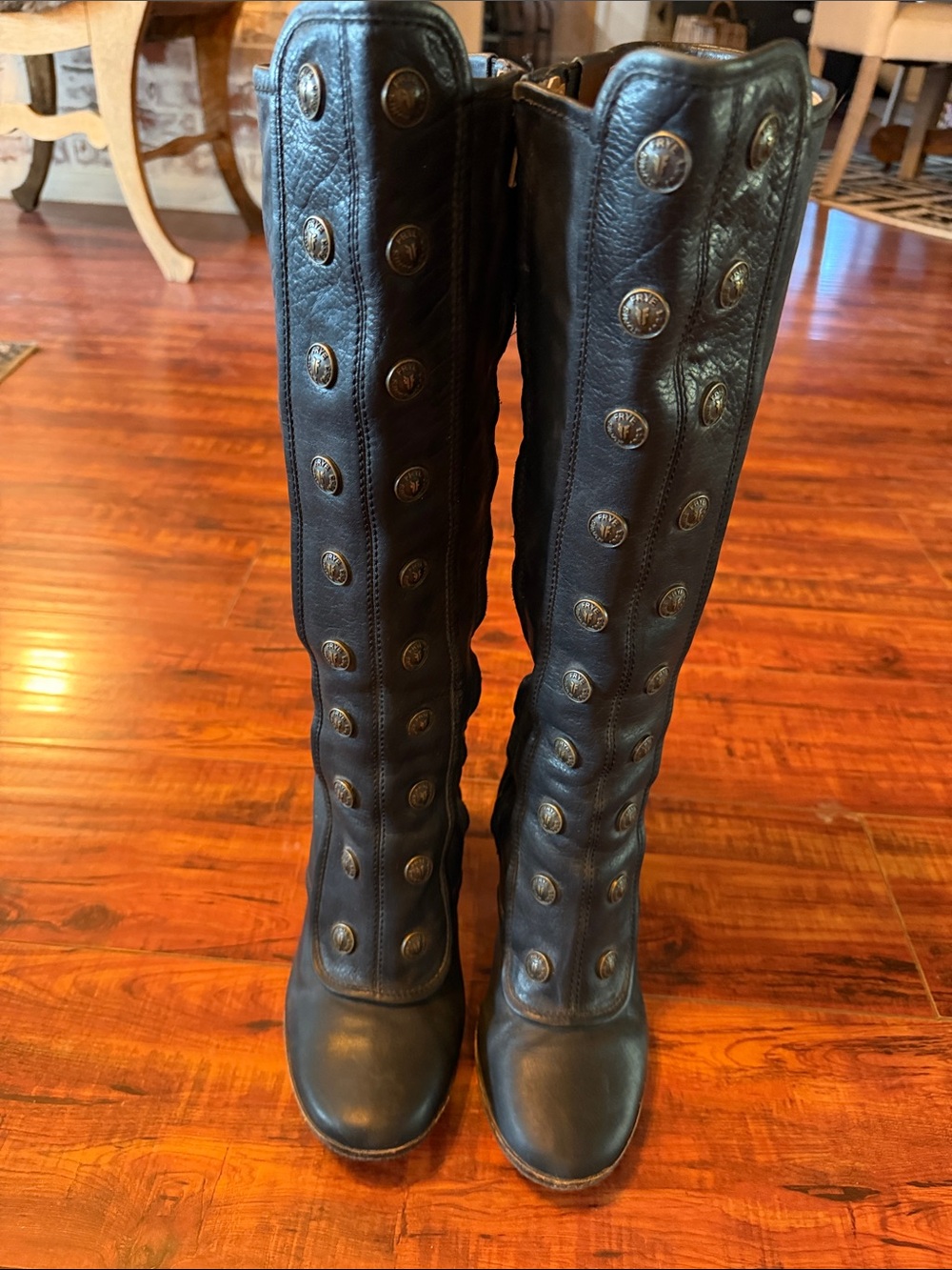Frye Adrienne Button Tall Black Leather Boots Size 9M Western Riding